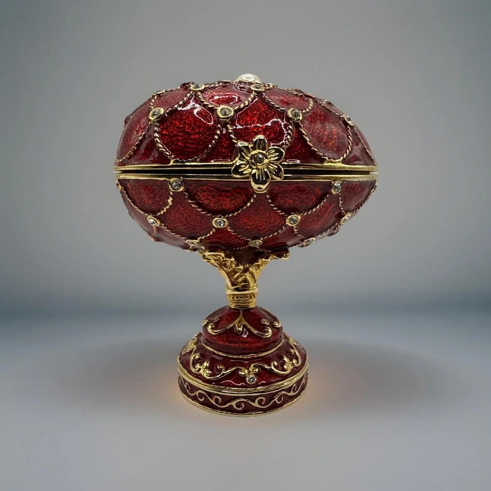 Jeweled Enameled Hinged Red Egg Trinket/Jewerly Box